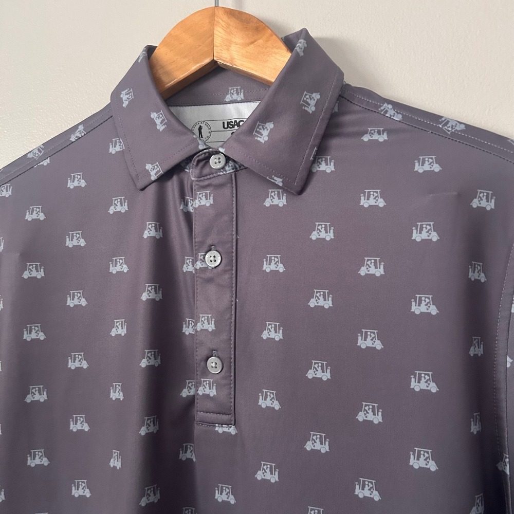 U Suck At Golf Polo Shirt Mens Small Gray Golf Cart Print Performance Stretch‎